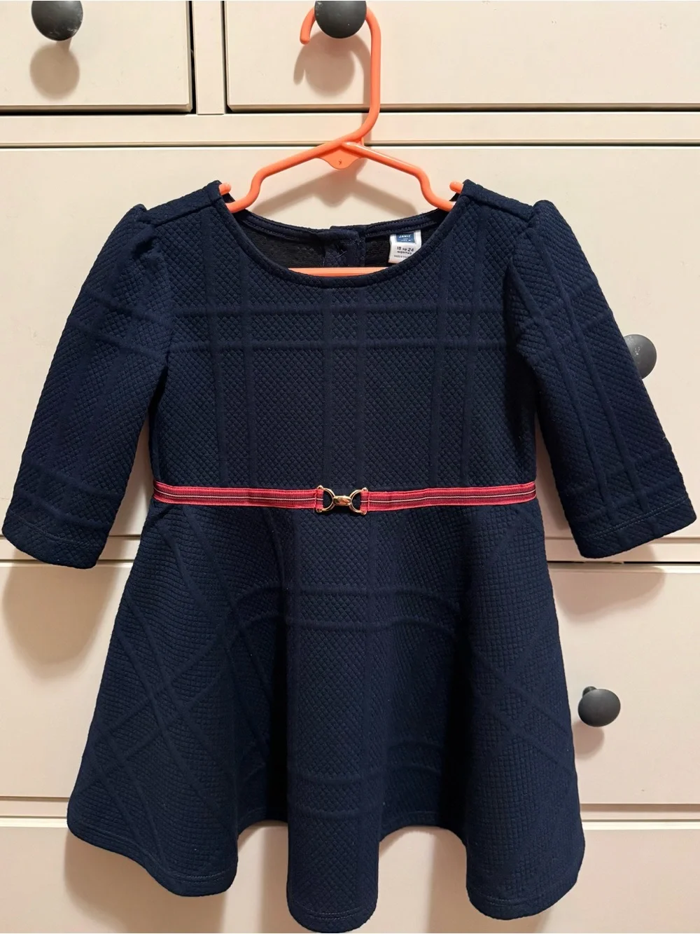 Janie and Jack Navy Textured Fit-and-Flare Dress with Pink Belt